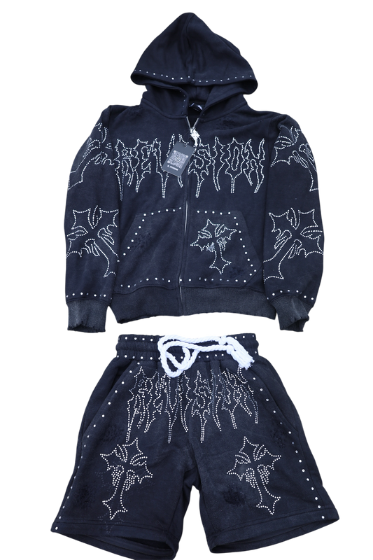 Black Rhinestone Built in Shorts/ Full-Set