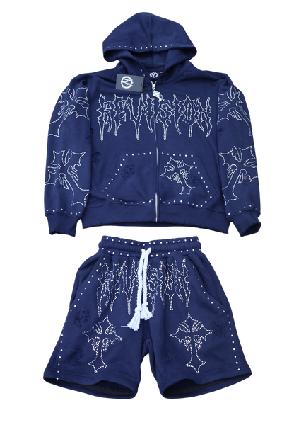Denim Blue Rhinestone Built in Shorts/ Full-Set
