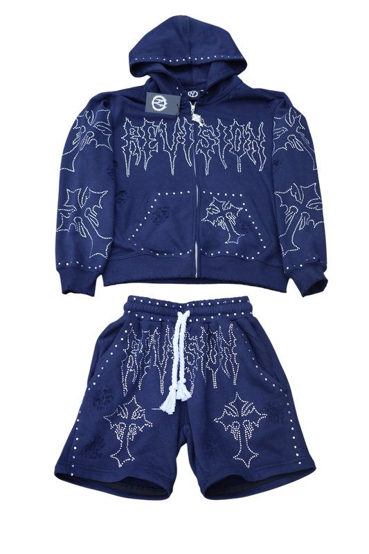 Denim Blue Rhinestone Built in Shorts/ Full-Set